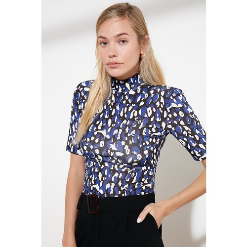 Trendyol Navy Blue Leopard Pattern Stand Up Collar Padded Snap Snap Knitted Body Slike