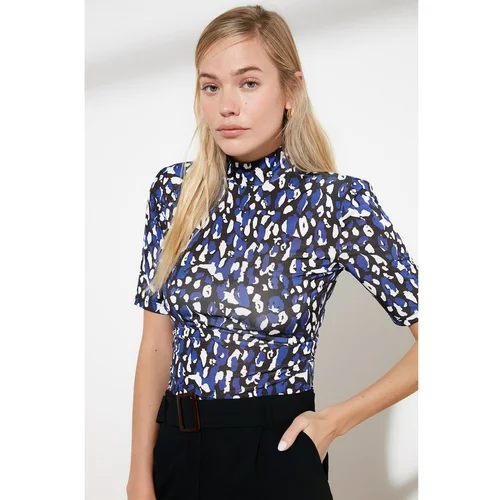 Trendyol Navy Blue Leopard Pattern Stand Up Collar Padded Snap Snap Knitted Body
