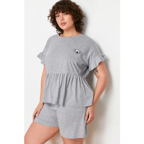 Trendyol Curve Gray Melange Koala Embroidered Single Jersey Knitted Pajamas Set