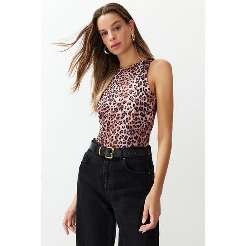 Trendyol Light Brown Leopard Patterned Barbell Neck Flexible Snaps Knitted Bodysuit Cene