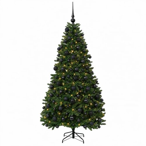  Umjetno božićno drvce srednje zeleno s kuglicama 210 cm - Srednje zelena &amp;Oslash; 106 x 210 cm s 300 LED dioda i crnim lopticama Slike