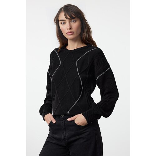 Trendyol Black Wide Pattern Knit Detailed Crew Neck Knitwear Sweater Slike