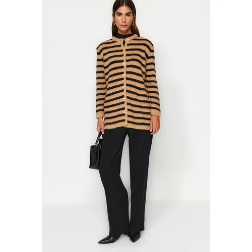 Trendyol Camel Striped Gold Button Detailed Soft Textured Knitwear Cardigan