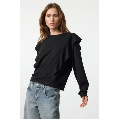 Trendyol Black Ruffle Detailed Relaxed Knitted Sweatshirt