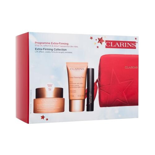 Clarins Extra-Firming Collection set: dnevna krema za obraz Extra-Firming Jour 50 ml + nočna krema za obraz Extra-Firming Nuit 15 ml + maskara Wonder Perfect Mascara 4D 3 ml 01 Perfect Black + serum za obraz Double Serum 0,9 ml + rdeča kozmetična torbica za ženske Cene
