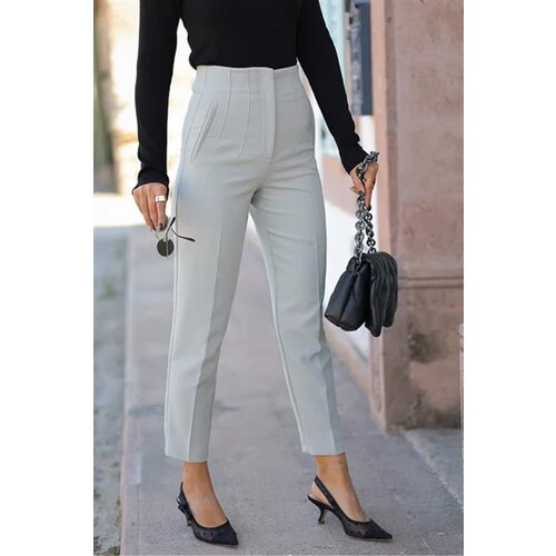 Laluvia Gray Front Flato High Waist Fabric Trousers Slike