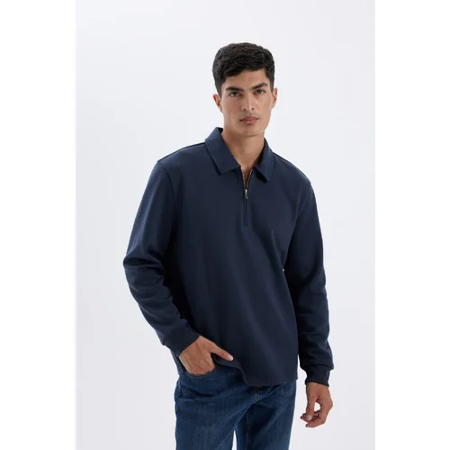 Defacto Regular Fit Polo Collar Half Zipper Basic Plain Sweatshirt