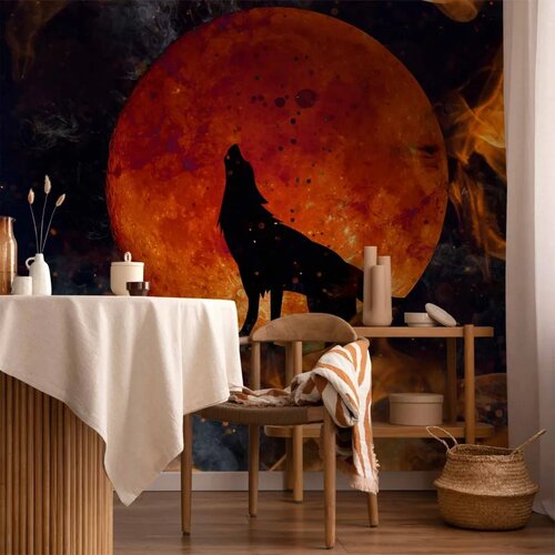  Foto tapeta - Wild nature - wolf on a background of a red moon in flames of fire 250x175 Vodootporna Cene