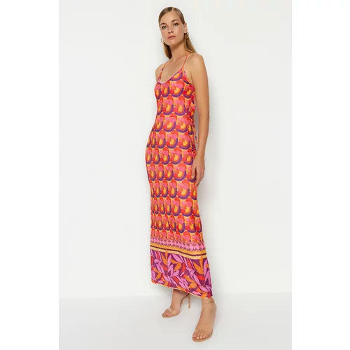 Trendyol Orange Printed Special Textured Maxi Length Halter Knitted Dress