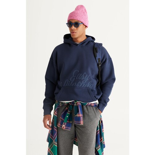 AC&Co / Altınyıldız Classics Men's Indigo Oversize Fit Loose Cut Hooded 3 Thread Printed Sweatshirt with Fleece Inside Slike
