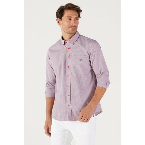 AC&Co / Altınyıldız Classics Men's Navy Blue-Red Slim Fit Slim Fit Button-down Collar Logo Printed Cotton Shirt with Pocket. Cene
