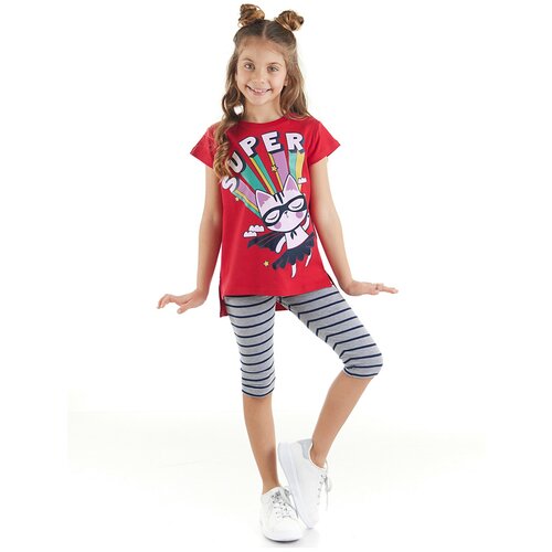 Mushi Super Cat Girl Kid's Red T-shirt, Gray Leggings Summer Suit. Slike