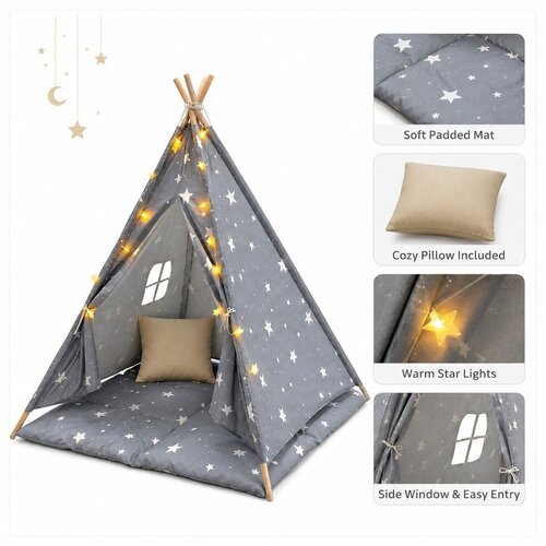 Ginger Home Dječji &scaron;ator tipi Little Stars, 120x120x160 cm, siva sa zvjezdicama Cijene