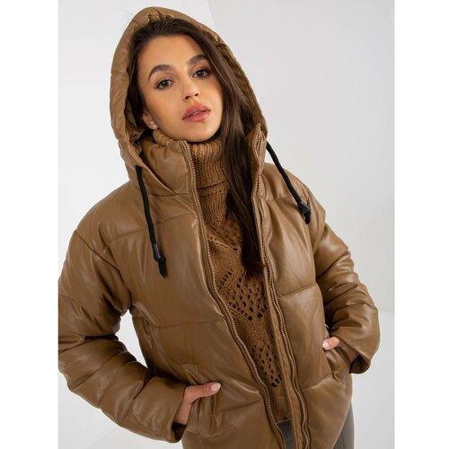 Fashion Hunters Camel down jacket made of eco-leather with quilting Slike