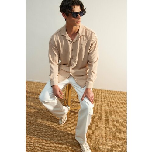 Trendyol Stone Men's Oversize Fit Pique Collar Summer Linen-Looking Shirt Cene