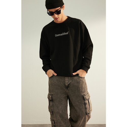 Trendyol Black Men's Oversize Premium Limited Edition Embroidered Text Cotton Sweatshirt. Slike