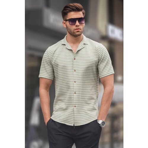 Madmext Water Green Striped Slim Fit Men's Short Sleeve Shirt 5591 Slike