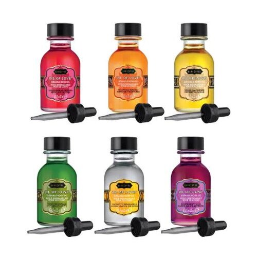 Kama Sutra Oil of Love The Collection Set set: olje The Original 22 ml + olje Raspberry Kiss 22 ml + olje Vanilla Creme 22 ml + olje Tropical Mango 22 ml + olje Strawberry Dreams 22 ml + olje Coconut Pineapple 22 ml Cene
