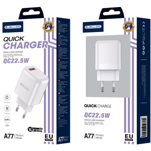 Jellico adapter A77 hi&amp;scaron;ni polnilec 3.0A quick charge 22,5W vhod usb a s kablom micro usb - (eu blister) bel Slike