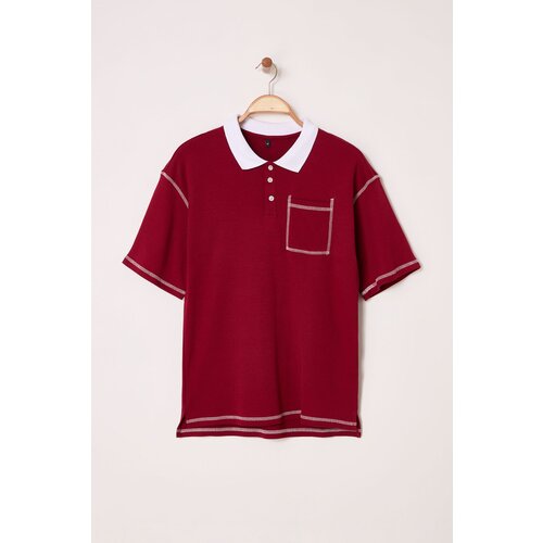 Trendyol Claret Red Oversize/Wide Cut Stitch Detail Polo Neck T-shirt Slike