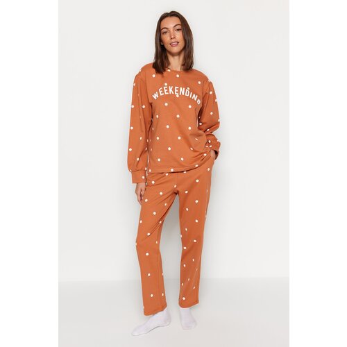 Trendyol Orange Polka Dot Cotton T-shirt-Pants and Knitted Pajamas Set Slike