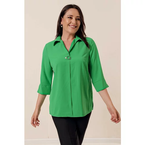 By Saygı Green Polo Neck With Brooch Quarter Sleeve Plus Size Blouse