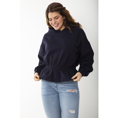 Şans Women's Plus Size Navy Blue Inner Raising Elastic Waist Detailed Hooded Sweatshirt Slike