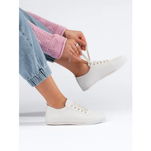 Shelvt White women's sneakers with beige laces