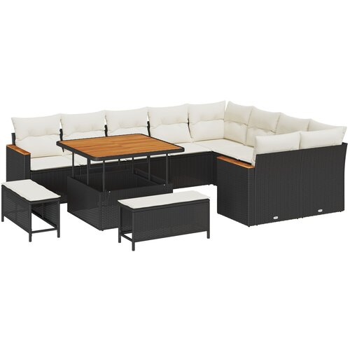 VidaXL 12-dijelni set vrtnih sofa s jastučićima crni poli ratan akacija, 3-dijelni set vrtne blagovaonice s jastučićima crni poli ratan akacija Slike