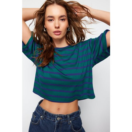 Trendyol Green Striped Premium Oversize Wide-Fit Crop Stretchy Knitted T-Shirt Slike