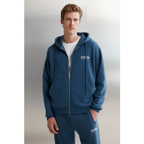 Grimelange Aksel Men's Soft Fabric Zipper Printed Hooded Blue Sweatshirt