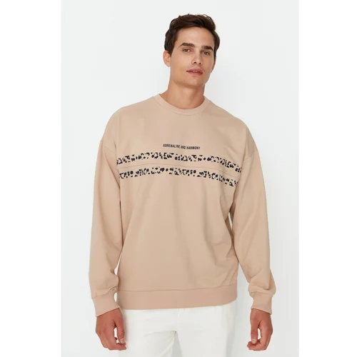 Trendyol Beige Men's Oversize Fit Long Sleeve Crew Neck Printed Sweatshirt