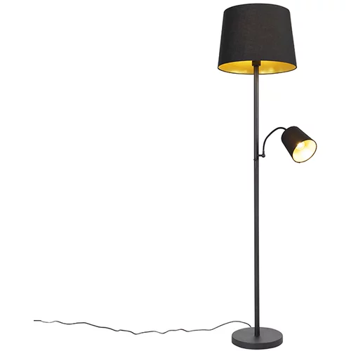 QAZQA Klasična talna svetilka črna z zlato in bralno lučko - Retro