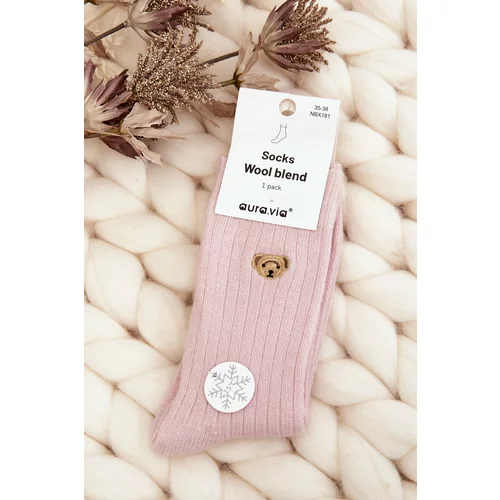 Kesi Women's thick socks with teddy bear, pink