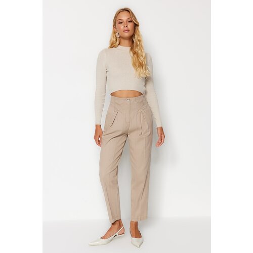Trendyol Mink Cotton Carrot Pattern Stripe Detailed Woven Trousers Cene