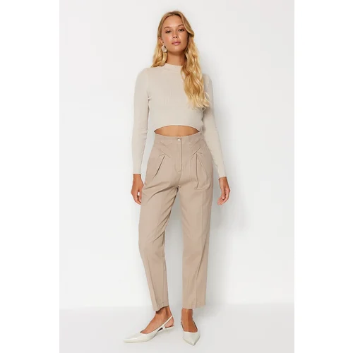 Trendyol Mink Cotton Carrot Pattern Stripe Detailed Woven Trousers