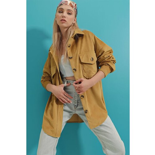 Trend Alaçatı Stili Women's Camel Velvet Cotton Double Pocket Oversize Jacket Shirt Slike