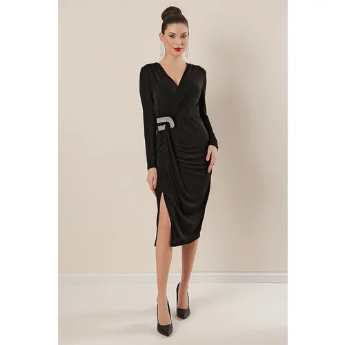 By Saygı Double-breasted Collar With Pleated Sides, Beading Detailed Dress Black