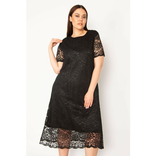Şans Women's Plus Size Black Lined Lace Evening Dress Slike