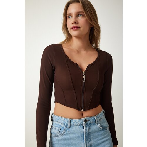Happiness İstanbul Women's Brown Zippered Ribbed Crop Blouse Slike
