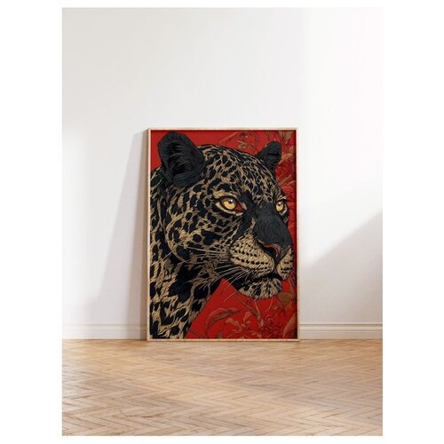 Wallxpert uramljena slika 115268, portret leoparda na crvenoj pozadini, 50 x 70 cm, ram u boji prirodnog drveta Cene
