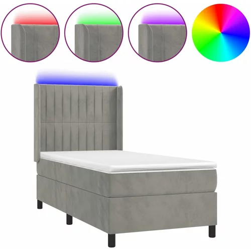vidaXL Box spring postelja z vzmetnico LED svetlo siva 100x200cm žamet, (20724595)