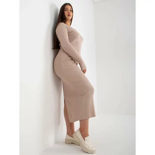 Fashion Hunters Beige ribbed plus size dress with long sleeves