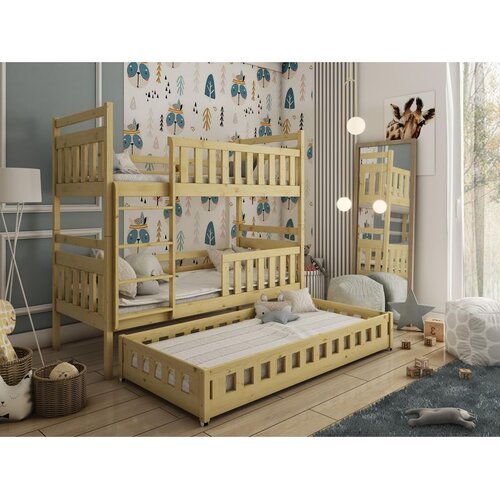 Molarem Home Drveni dječji krevet na kat Oliwia s tri kreveta - svijetlo drvo - 190x90 cm - Madrac PE pjena 8 cm-spužvasti madrac Cijene