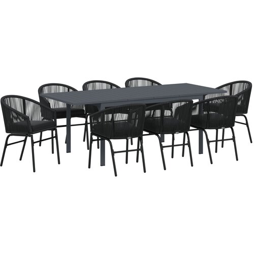 VidaXL 10-dijelni vrtni set za objedovanje s jastučićima Crna poli ratan, Produživi vrtni stol antracit (140-210)x90x73 cm čelik Slike