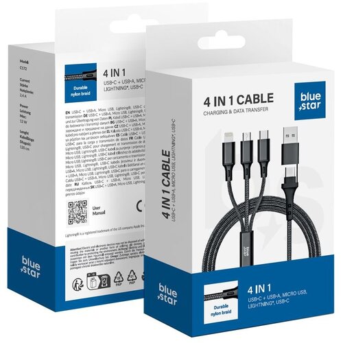 Blue Star kabal (kabl)  4in1 type c / usb a to micro usb / lightning / type c 2,4A 12W C172 1.2m crni Cene