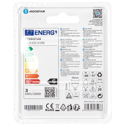  LED sijalica MR16 GU5,3/3W/12V 6500K - Aigostar Slike