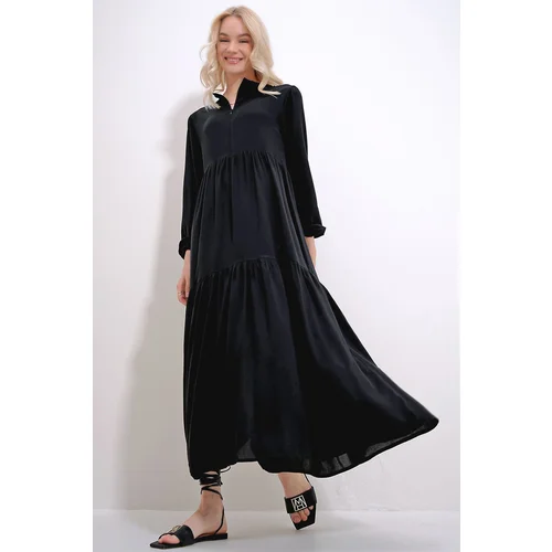 Trend Alaçatı Stili Women's Black Boat Neck Balloon Sleeve Layered Flounced Waist Belted Woven Viscose Dress