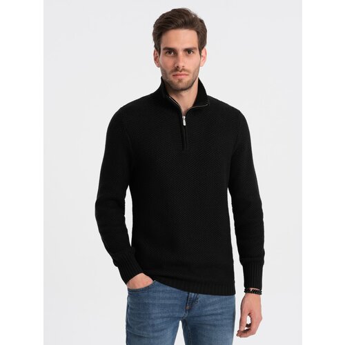 Ombre Men's knitted sweater with spread collar - black Slike