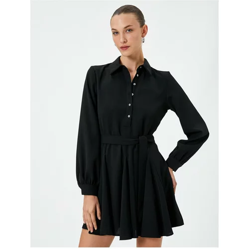 Koton Mini Balloon Sleeve Dress With Ruffles, Belted Waist and Buttoned.